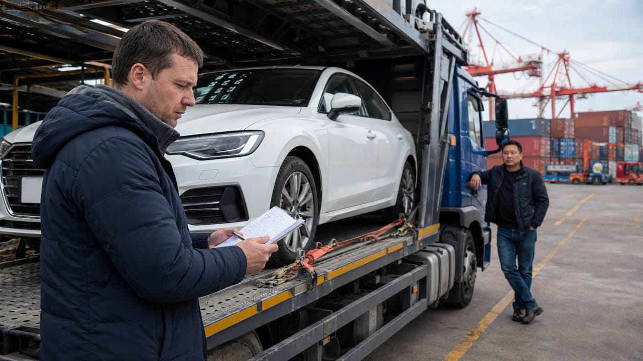 Наш закупщик сверяет расходы в блокноте у белого седана на автовозе в порту, рядом стоит китайский водитель грузовика